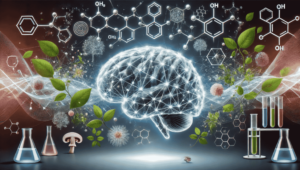 Brain surrounded with chemicals and foods. Image simbolizes nootropics.