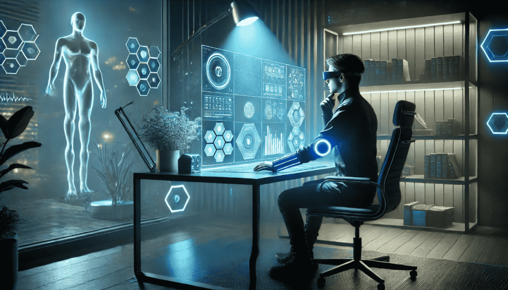 Image of a person in futuristic setting at working table and exposed to blue light.