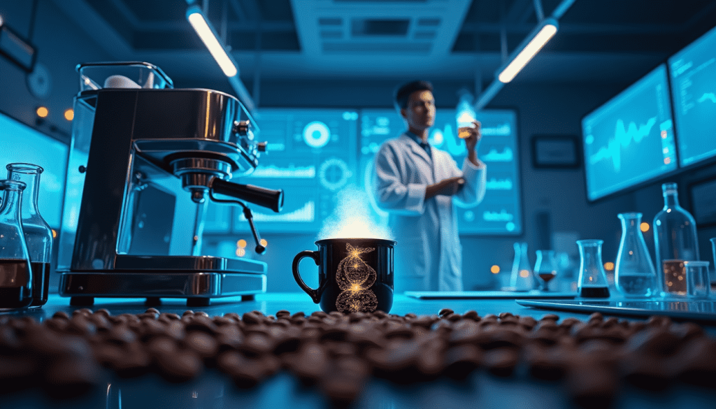 Image of scientist in a lab working on biohacking methods. In the front are coffee beans and coffee maker.