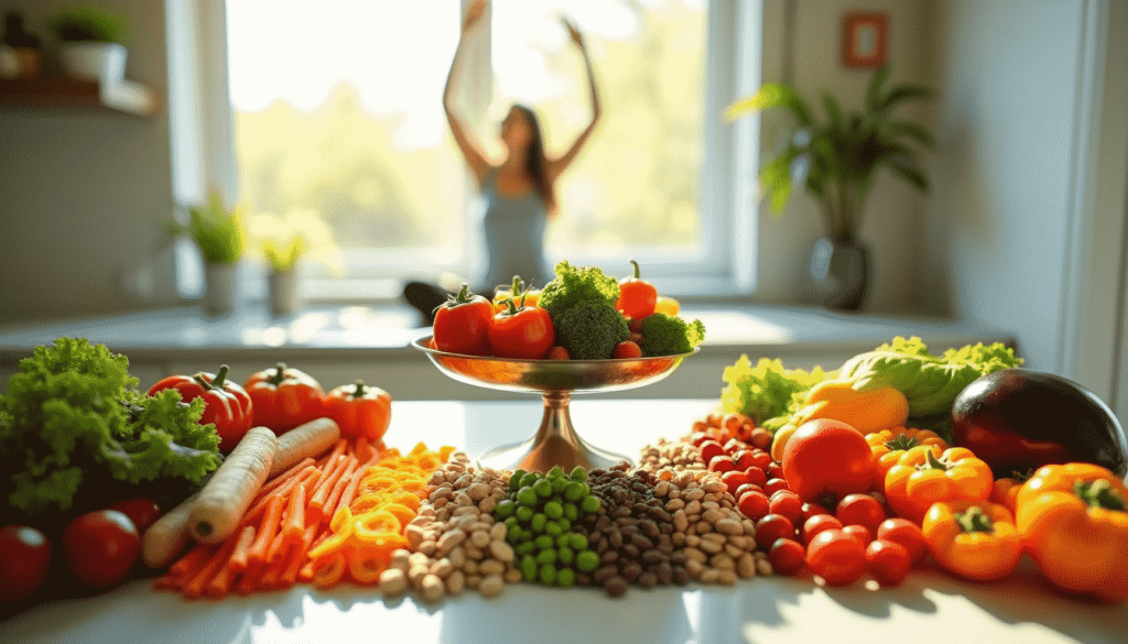Different types of foods with woman excercising in the back.