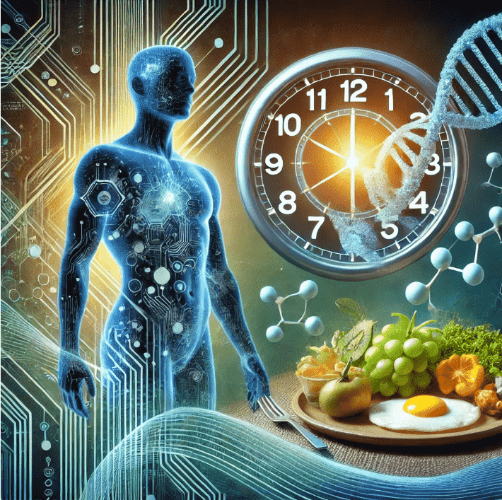 Image of a man, clock and food. ;Man is preparing for intermittent fasting.