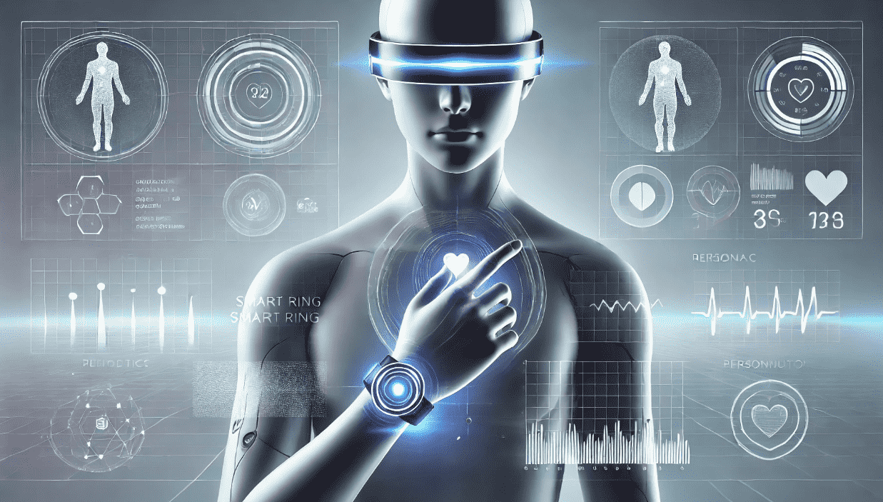 Futuristic image of a man wearing biohacking devices and wearables.