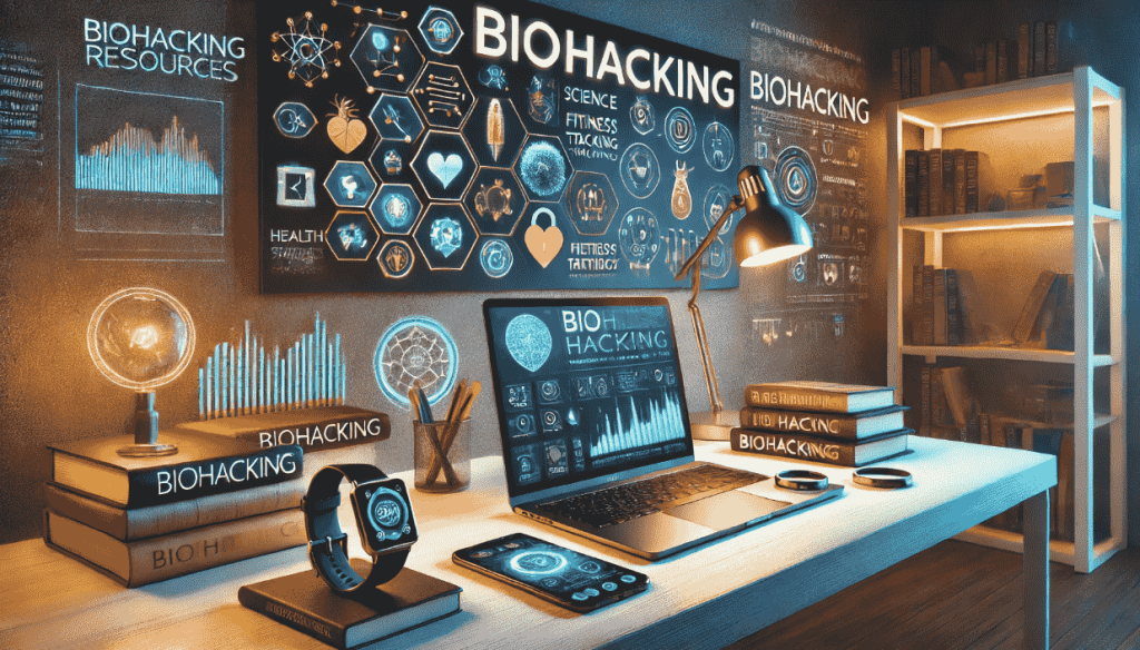 Different sources of information about biohacking. Books, internet, wearables and computer. Futuristic setting.