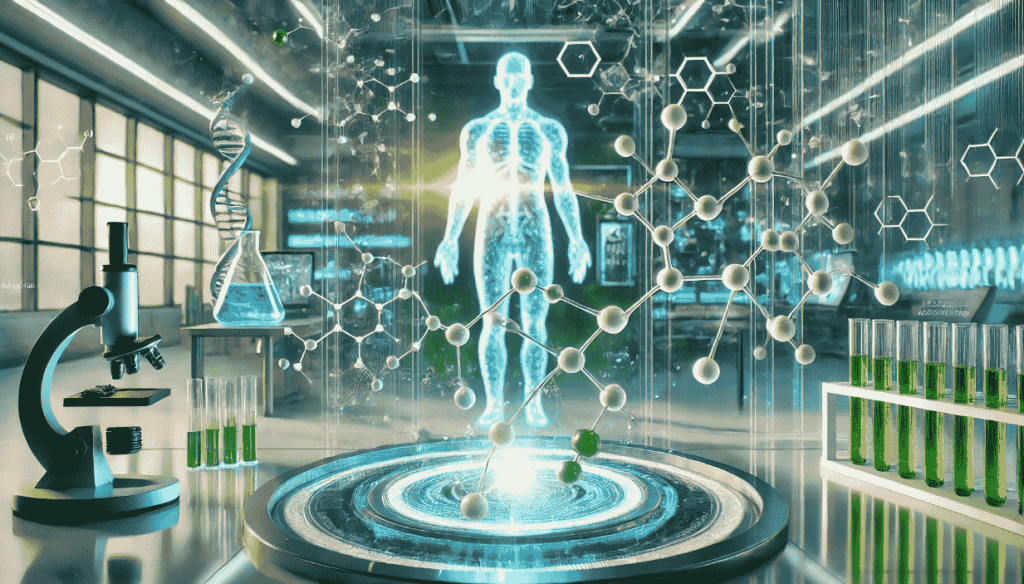 A futuristic high-tech laboratory with glowing molecular structures and a rejuvenated human silhouette in the background.
