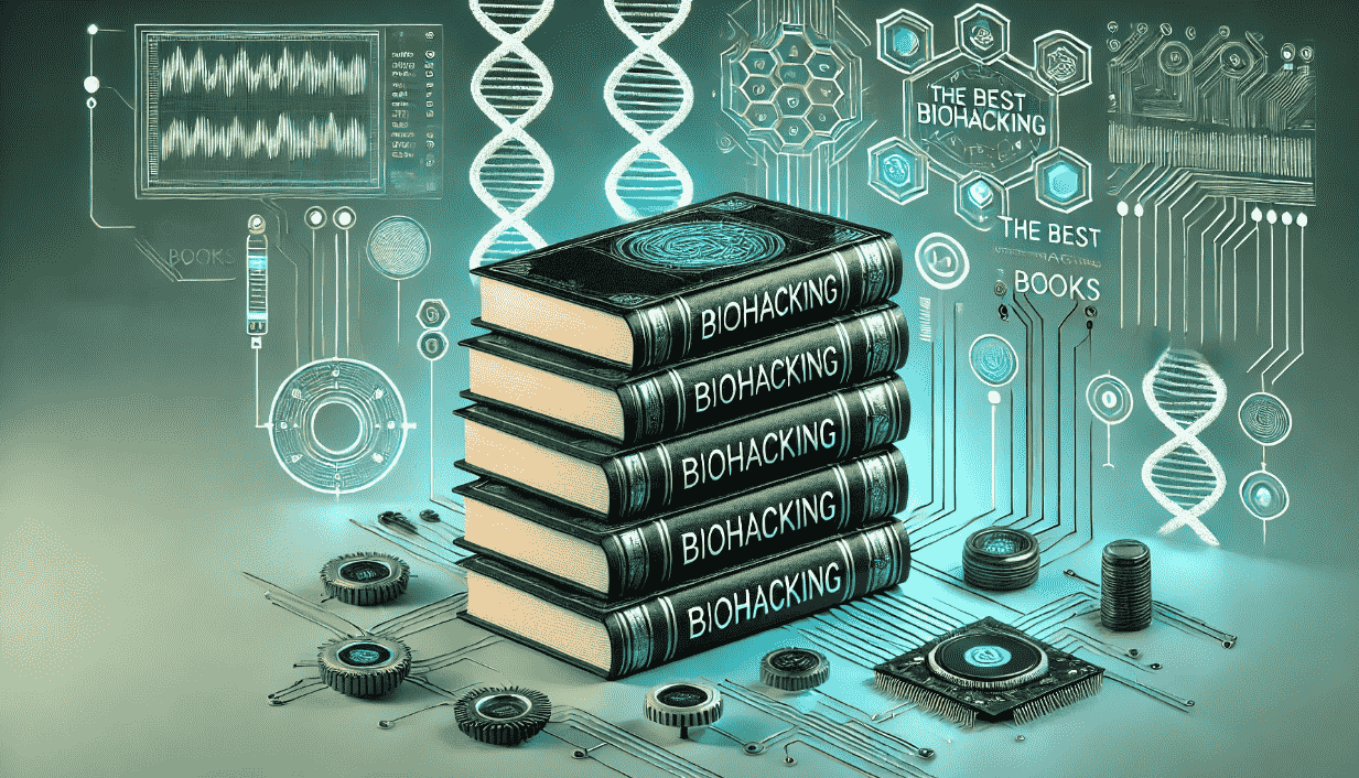 A futuristic, high-contrast editorial illustration showcasing a stack of hardcover books labeled with biohacking themes. Surround them with subtle, glowing DNA helixes, circuit board patterns, and hints of technological augmentation.