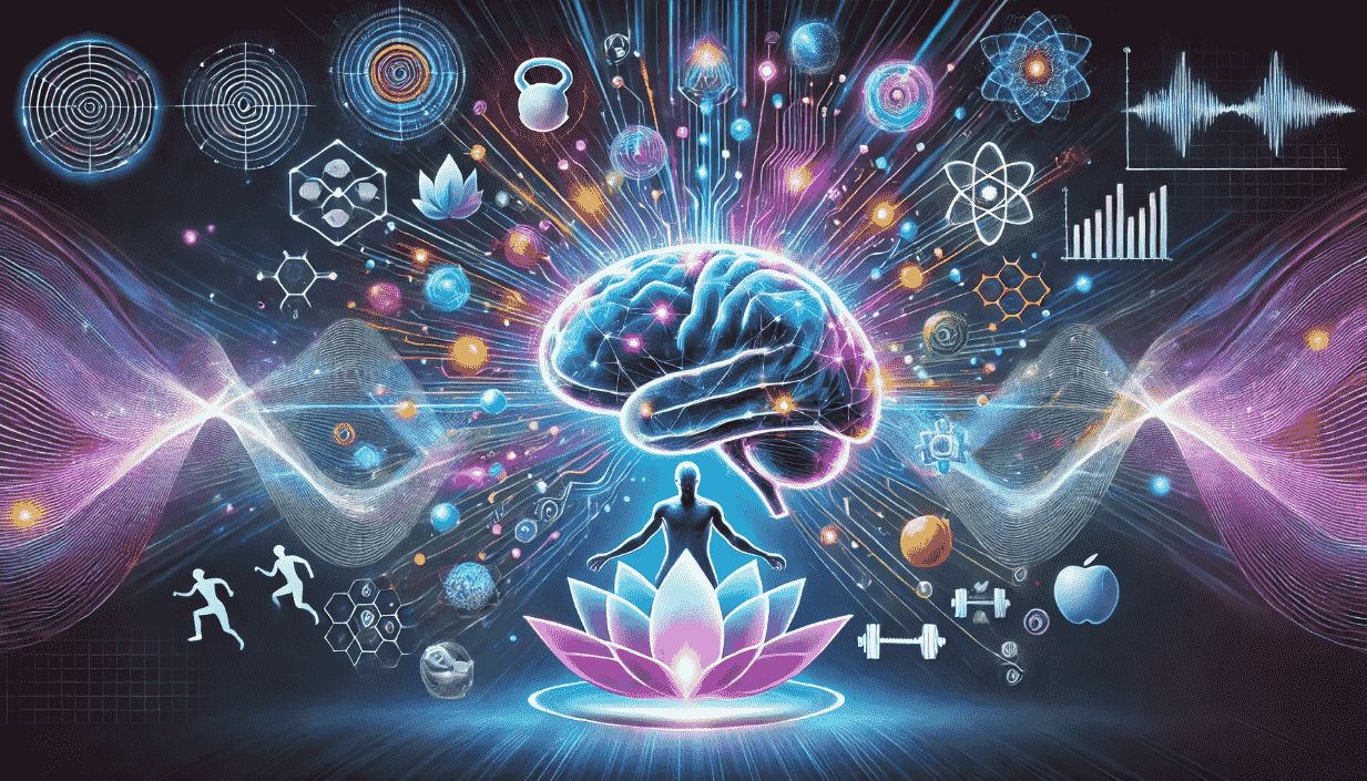 A glowing, futuristic human brain surrounded by dynamic elements symbolizing technology, wellness, and energy, such as neural circuits, vibrant geometric shapes, and light streaks indicationg biohacking