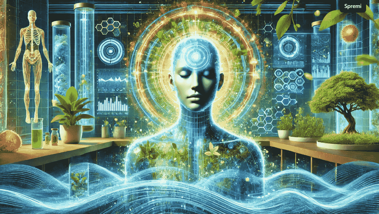 A futuristic digital illustration of a person undergoing a biohacking detox. The subject is surrounded by glowing blue and green energy waves, symbolizing the removal of toxins from the body. Their skin appears radiant and healthy, with a high-tech biometric interface displaying health metrics. The background blends advanced technology with natural elements like lush greenery, emphasizing the harmony between science and wellness. The clean, modern atmosphere evokes a sense of rejuvenation, optimal health, and cutting-edge biohacking practices.