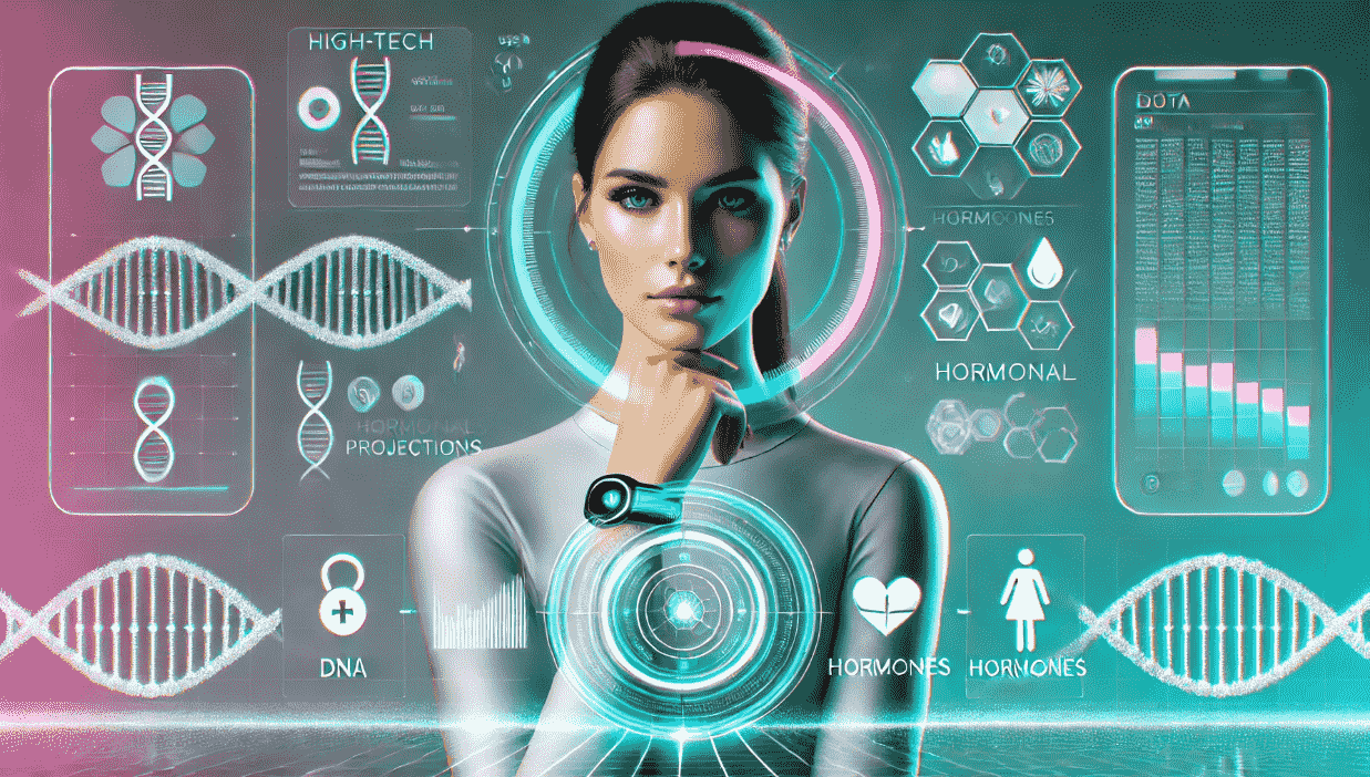 A futuristic editorial illustration of a confident woman in a minimalistic tech environment, doing biohacking, wearing a high-tech wearable and analyzing holographic data related to her health and hormones.