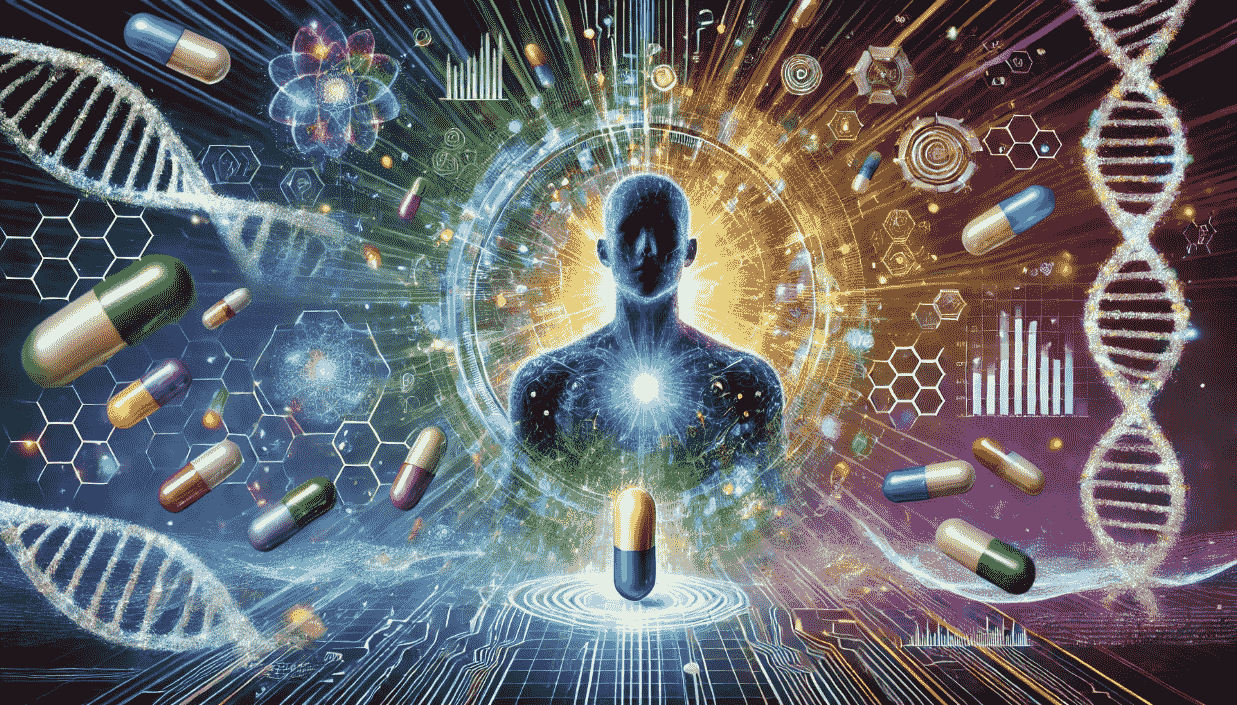An artistic depiction of biohacking, featuring a futuristic human silhouette surrounded by glowing capsules of drugs, DNA strands, and technological elements like circuits and graphs. The background blends vibrant colors like blue, green, and purple, symbolizing energy and innovation. The image conveys health, vitality, and advanced technology in harmony