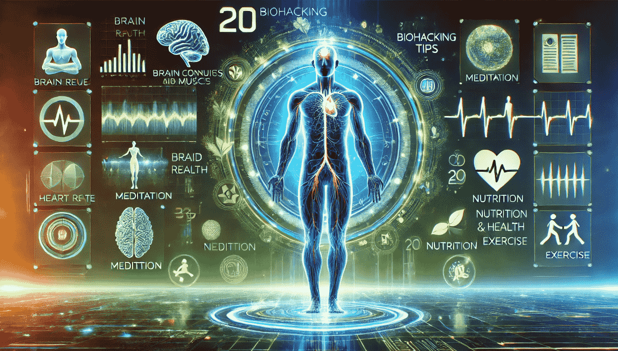 A futuristic, high-tech digital illustration showcasing biohacking tips for optimal physical and mental health. A glowing human silhouette with highlighted neural connections and muscles is surrounded by digital health icons, including brain waves, heart rate, meditation, nutrition, and exercise. The number "20" is prominently displayed, representing 20 biohacking tips. The background features a sleek, sci-fi aesthetic with blue and green neon lights, symbolizing innovation, wellness, and enhanced human performance.