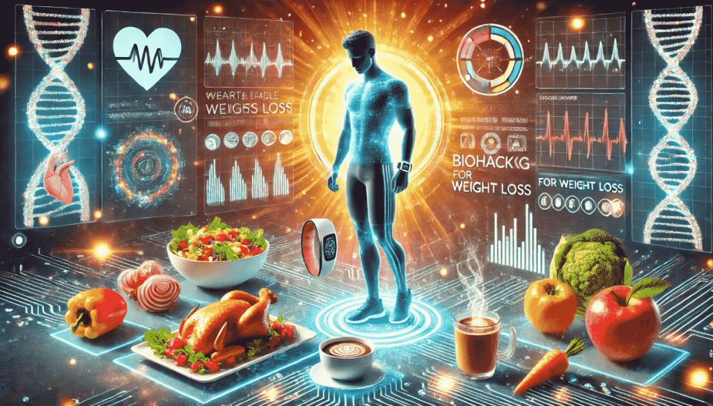 Futuristic image of a man using biohacking for weight loss.