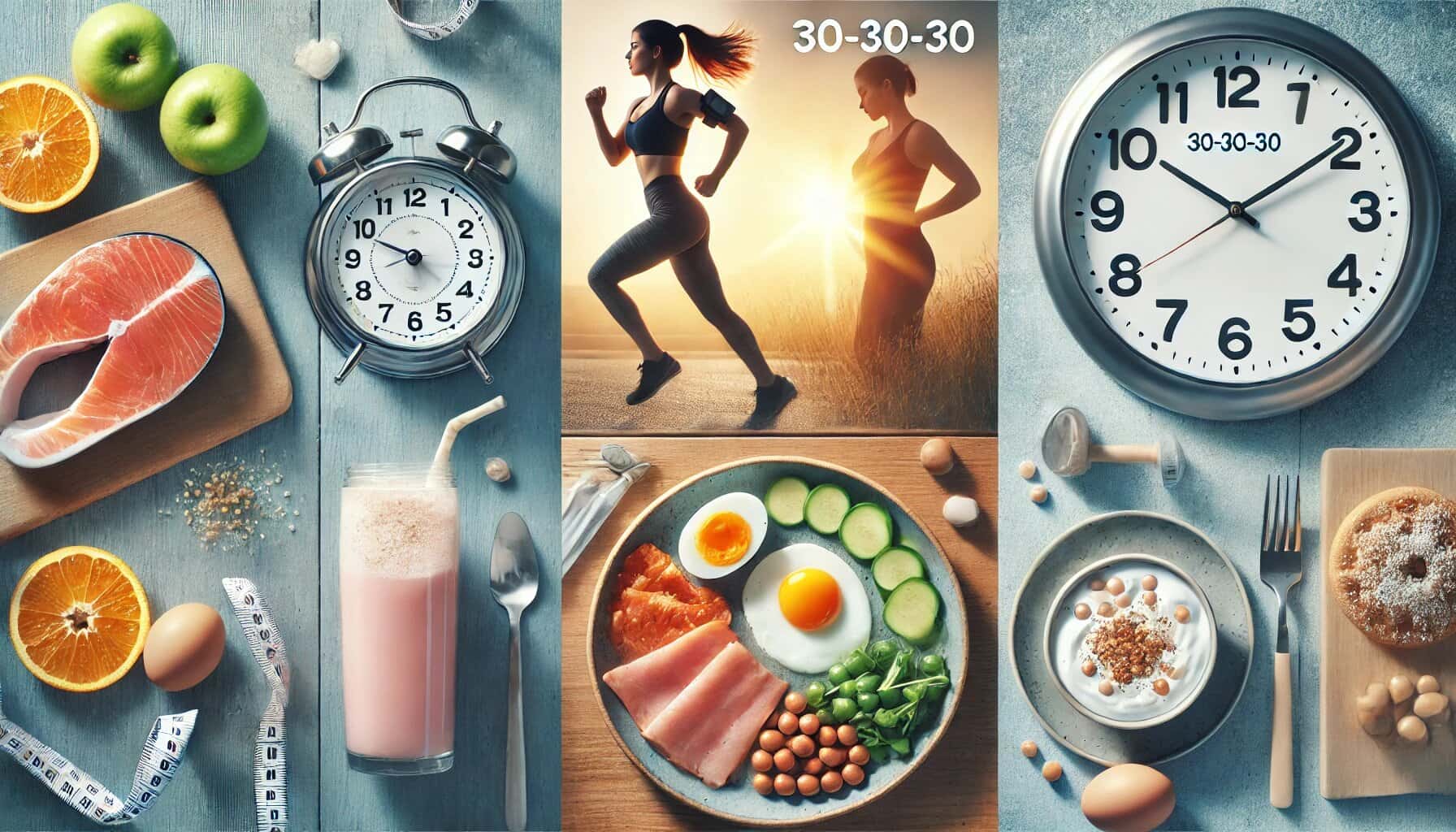 "An inspiring featured image illustrating the 30-30-30 rule for weight loss. The image is divided into three sections: a nutritious high-protein breakfast with eggs, Greek yogurt, and lean meats on a clean wooden table; a fit person engaging in light morning exercise like yoga or brisk walking in a bright outdoor setting; and a modern analog clock displaying 7:00 AM, emphasizing the importance of early morning habits. The background is clean and modern with soft natural lighting, and the color palette includes warm, inviting tones of blues, greens, and yellows, symbolizing wellness and energy.
