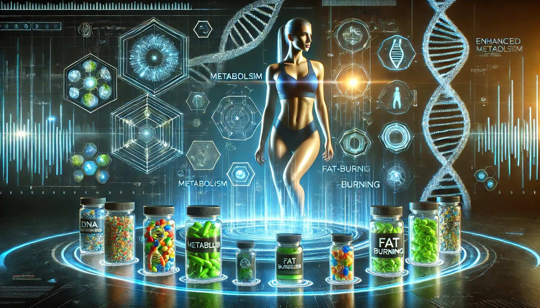 Futuristic digital artwork featuring a fit, healthy woman with a toned physique, surrounded by a glowing holographic interface displaying metabolism, DNA strands, and fat-burning icons. The background has a sleek, high-tech design with cool blue, green, and neon accents. Floating energy-infused supplement capsules and powders symbolize enhanced metabolism and weight loss, creating a cutting-edge biohacker aesthetic that blends science and wellness.