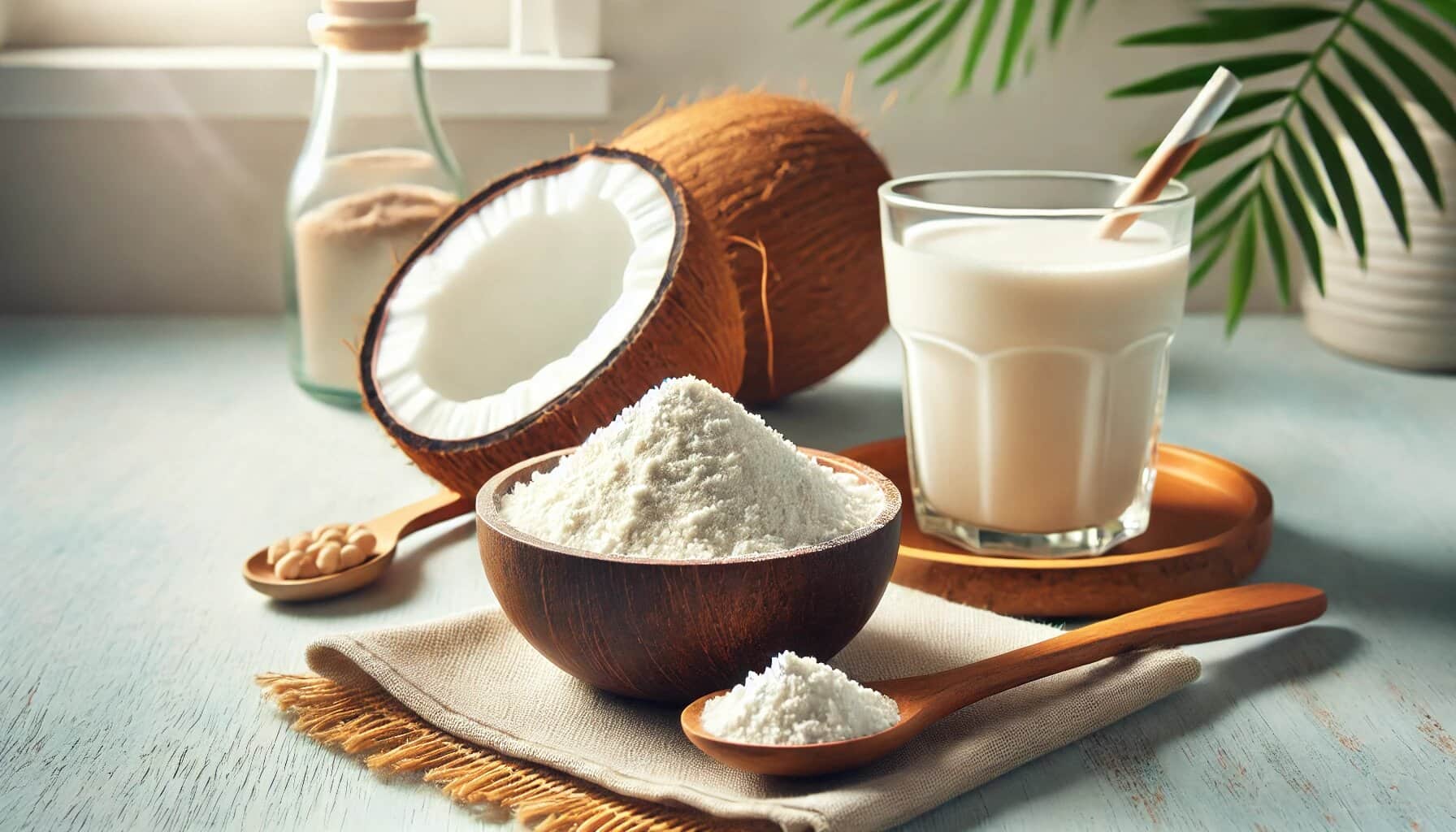 Wooden bowl filled with fine-textured MCT powder next to a fresh coconut and a glass of creamy coffee or smoothie on a bright, minimalistic background, emphasizing health and wellness