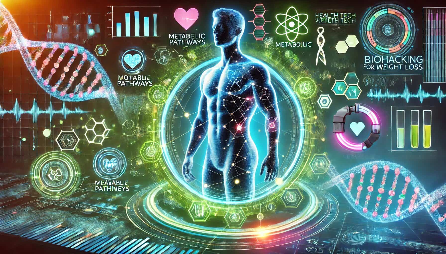 A futuristic digital illustration of biohacking for weight loss. The image features a fit, athletic human silhouette surrounded by glowing holographic data, including DNA strands, metabolic pathways, and wearable health tech interfaces. The background showcases a sleek, high-tech science lab with neon blue and green lighting, emphasizing advanced health tracking and scientific innovation. The composition conveys a sense of technology-driven body optimization and cutting-edge weight loss science.
