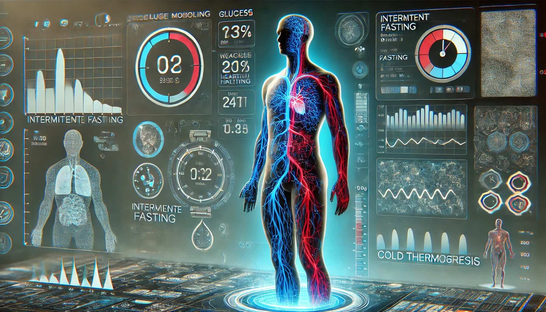 Futuristic digital illustration of a human silhouette with glowing blue and red metabolic pathways, symbolizing fat burning and biohacking. The figure is surrounded by a high-tech biometric tracking interface displaying glucose monitoring, wearable health technology, and real-time body analytics. A digital clock overlay represents intermittent fasting, while cold thermogenesis is illustrated with contrasting icy blue and warm red tones, showing body temperature adaptation. The background features a sleek, modern design with a technology-meets-wellness aesthetic in dynamic shades of blue, green, and metallic tones.