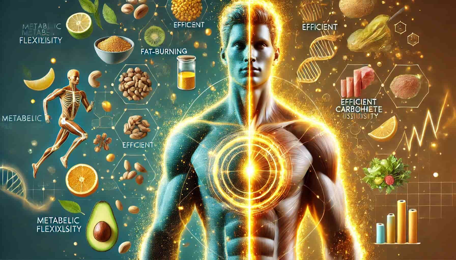 A realistic digital illustration of a fit and healthy person with a glowing metabolism, symbolizing metabolic flexibility. The image is split into two sides: one side glows with a subtle golden hue, representing efficient fat-burning, while the other radiates steady, vibrant energy, symbolizing carbohydrate usage. The background features abstract depictions of healthy foods like avocados, nuts, and lean proteins, alongside fitness elements such as running, cycling, and yoga. The overall composition is vibrant, energetic, and motivational, ideal for health and wellness content.