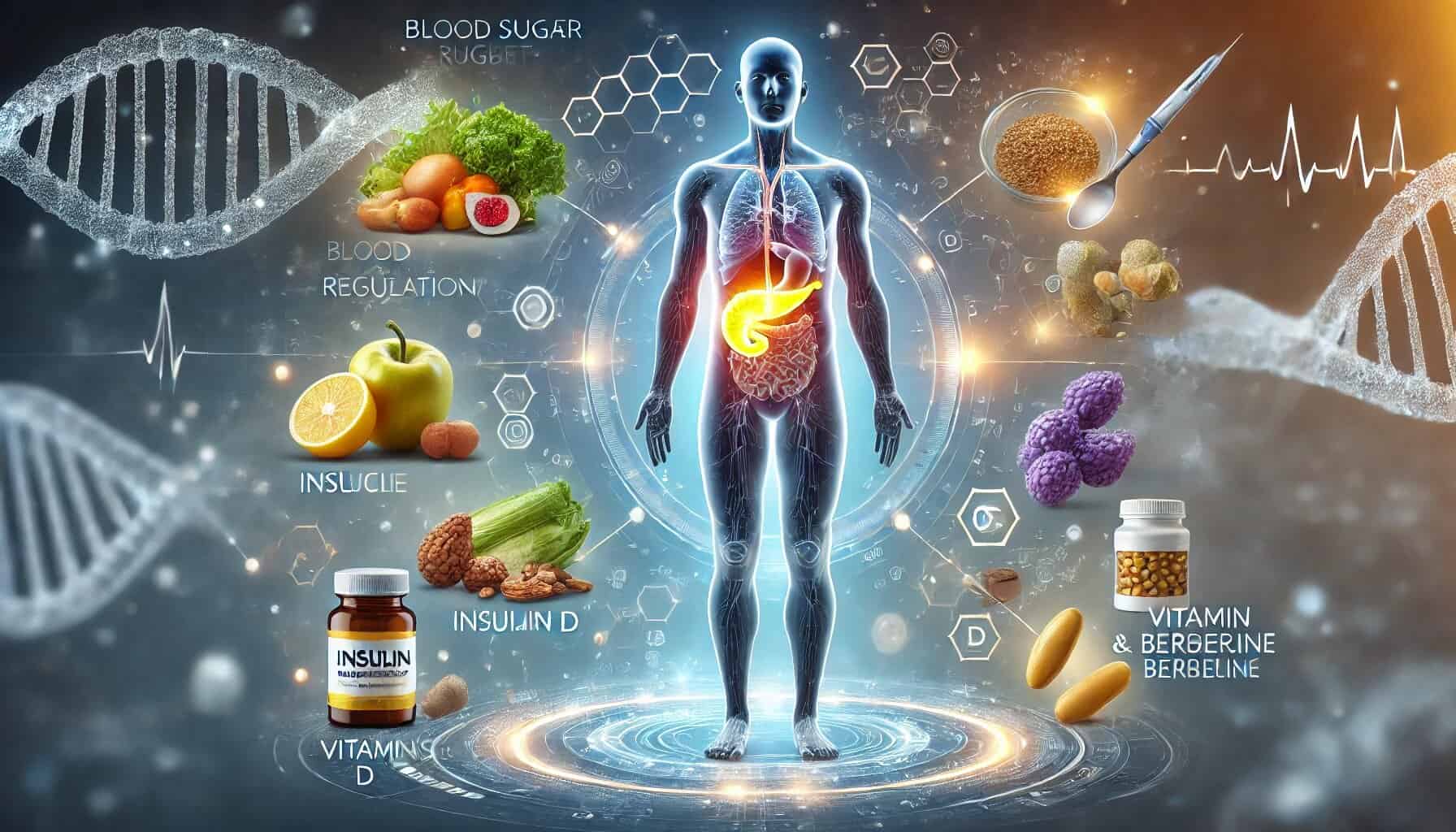 A realistic digital illustration of a human body with a glowing pancreas, symbolizing insulin production. Surrounding the body are visual elements representing blood sugar regulation, including glucose molecules, insulin receptors, and fat cells. On the left side, a balanced diet is depicted with healthy foods such as vegetables, nuts, and lean proteins. On the right side, supplements like vitamin D, magnesium, and berberine are displayed. The background features a futuristic, medical-tech aesthetic with a soft blue and purple gradient, symbolizing metabolic health and innovation.