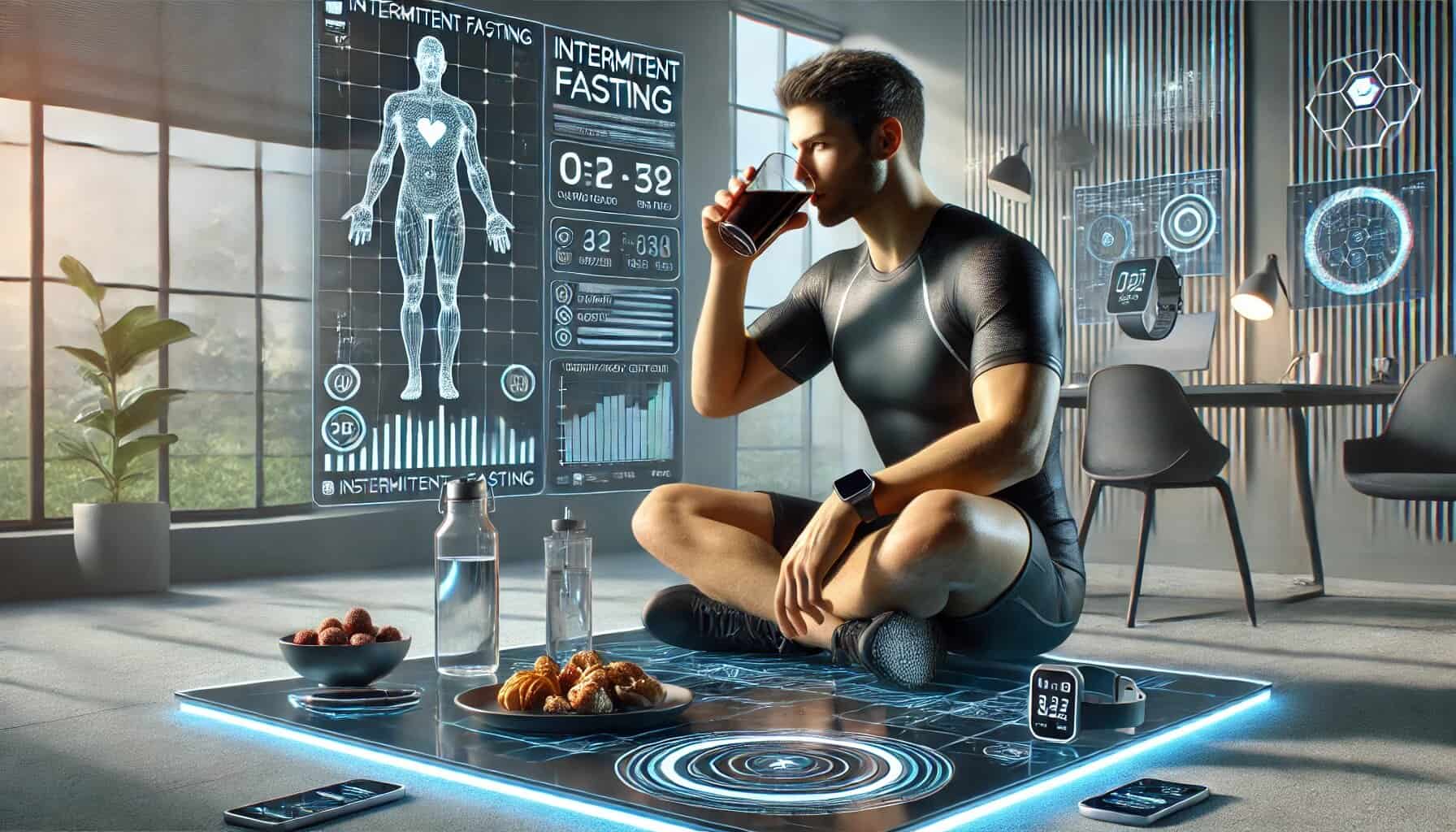 A futuristic biohacker sits in a sleek, minimalist high-tech environment, monitoring intermittent fasting progress. The fit, tech-savvy individual wears advanced wearable devices and interacts with a holographic fasting app display. A smart nutrition tool is nearby, and they are drinking water or black coffee while observing a digital fasting timer or metabolic tracking interface. The setting features subtle futuristic lighting, emphasizing a modern, science-backed approach to health optimization.