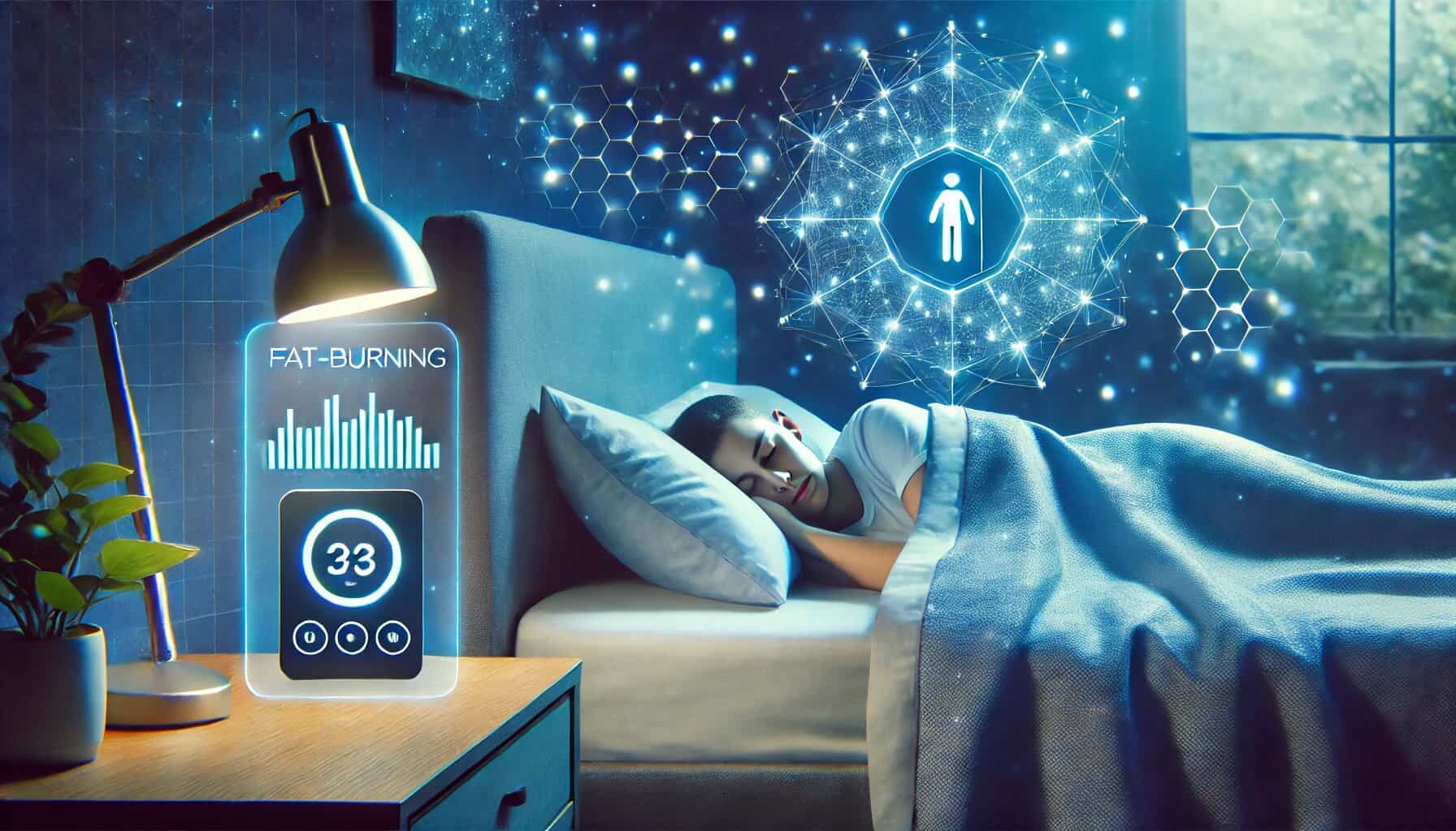 A serene bedroom with cool blue lighting, creating a calming atmosphere. A person is peacefully sleeping in bed, covered with a soft blanket. A digital sleep tracker on the nightstand displays sleep data. Subtle glowing symbols overlay the sleeper’s body, representing metabolic activity and fat-burning, illustrating the connection between sleep and weight loss.