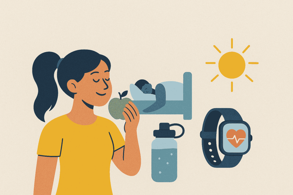 Illustration of a smiling woman holding a green apple, surrounded by icons symbolizing everyday biohacking habits: quality sleep, sunlight exposure, hydration with a reusable water bottle, and health tracking with a smartwatch, set against a light beige background.