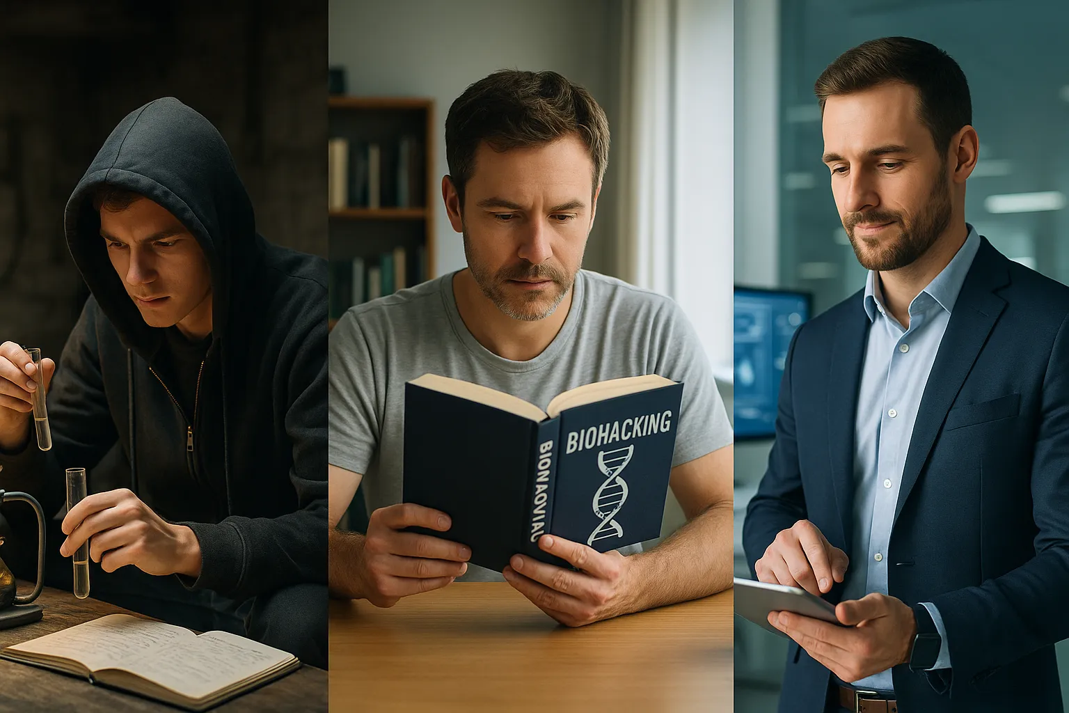 Realistic depiction of the evolution of biohacking, showing three men in different settings—from a DIY lab to reading biohacking literature to using wearable health tech in a modern office.