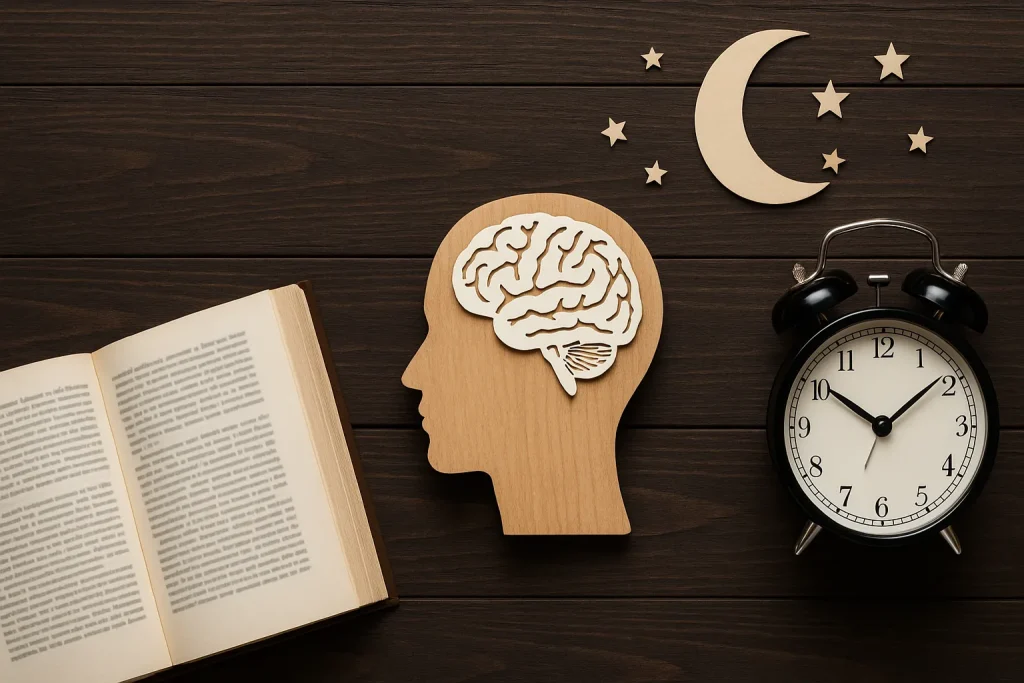 Wide-format image illustrating sleep optimization in biohacking: an open book, a wooden head silhouette with a brain, a vintage alarm clock, and crescent moon with stars on a dark wooden background, symbolizing the connection between literature, brain health, and quality sleep.
