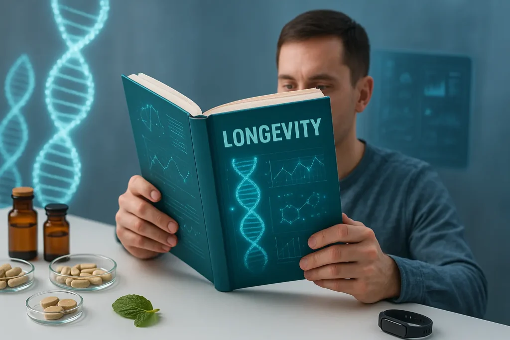 A man reading a longevity biohacking book at a modern desk, surrounded by supplements, DNA graphics, and futuristic health visuals in the background.
