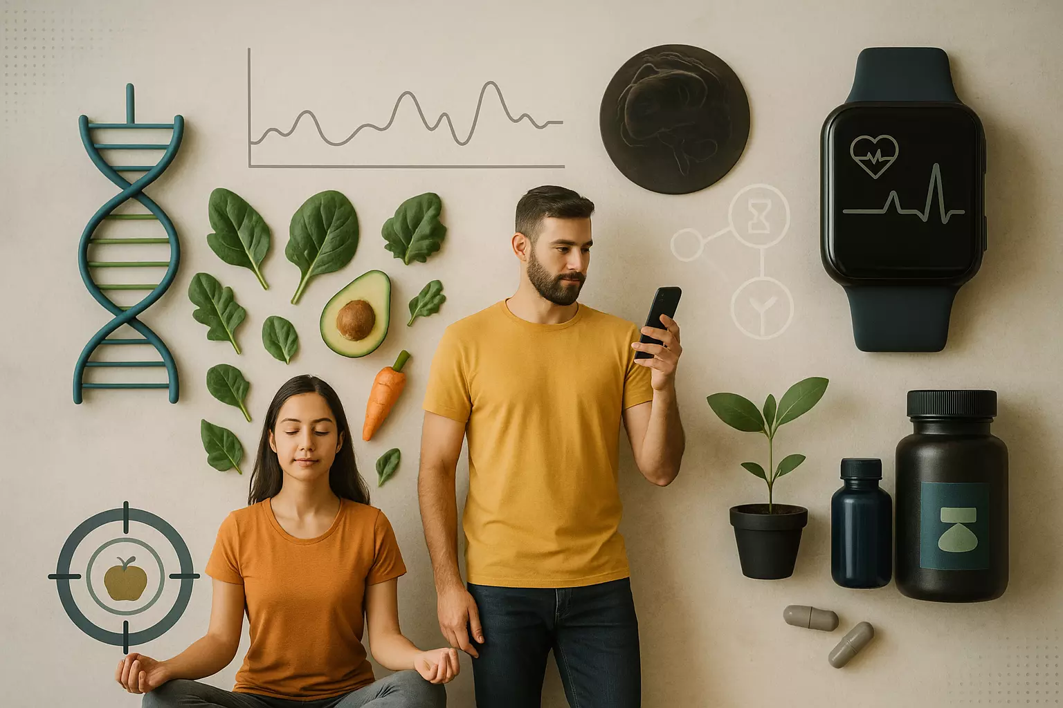 Man using biohacking tools and woman meditating with plant-based foods and supplements, symbolizing vegan wellness.