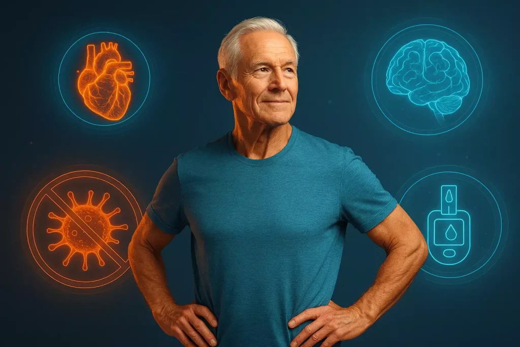 Older fit man with holographic visuals of health threats, showing resilience in biohacking book themes like Outlive.