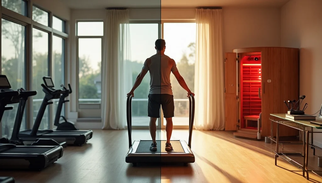 A man standing on a treadmill in a modern gym, with the room split into cool blue light and warm orange light, symbolizing the balance of exercise and recovery in biohacking fitness routines.