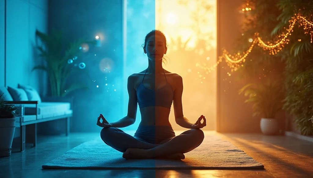 A woman meditating in a cross-legged yoga pose indoors, with the room split into cool blue lighting on the left and warm golden lighting on the right, symbolizing balance between day and night or mind and body wellness.