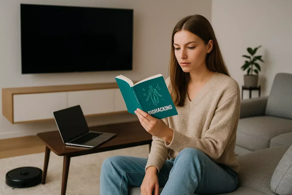 Young woman reading a biohacking book in a modern living room with laptop and smart devices around her
