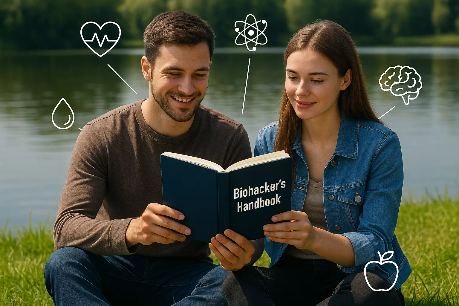 Young couple sitting by a lake and reading Biohacker’s Handbook by Olli Sovijärvi, Teemu Arina and Jaakko Halmetoja.
