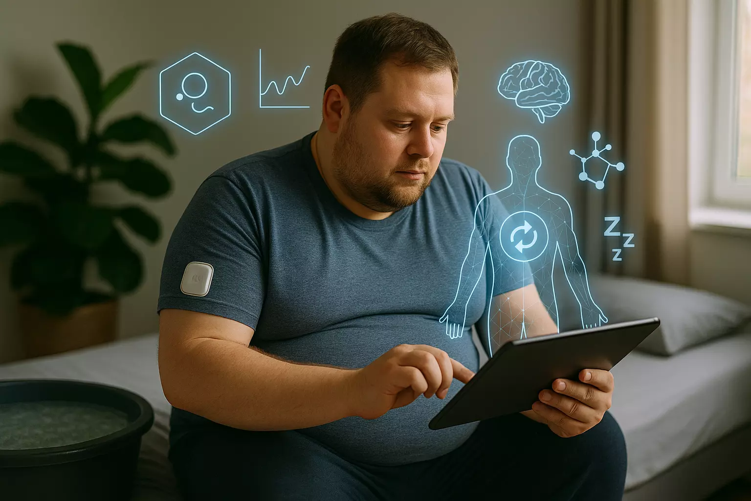 Overweight man sitting on bed in bedroom using tablet, reading digital biohacking book with AR health and metabolism graphics