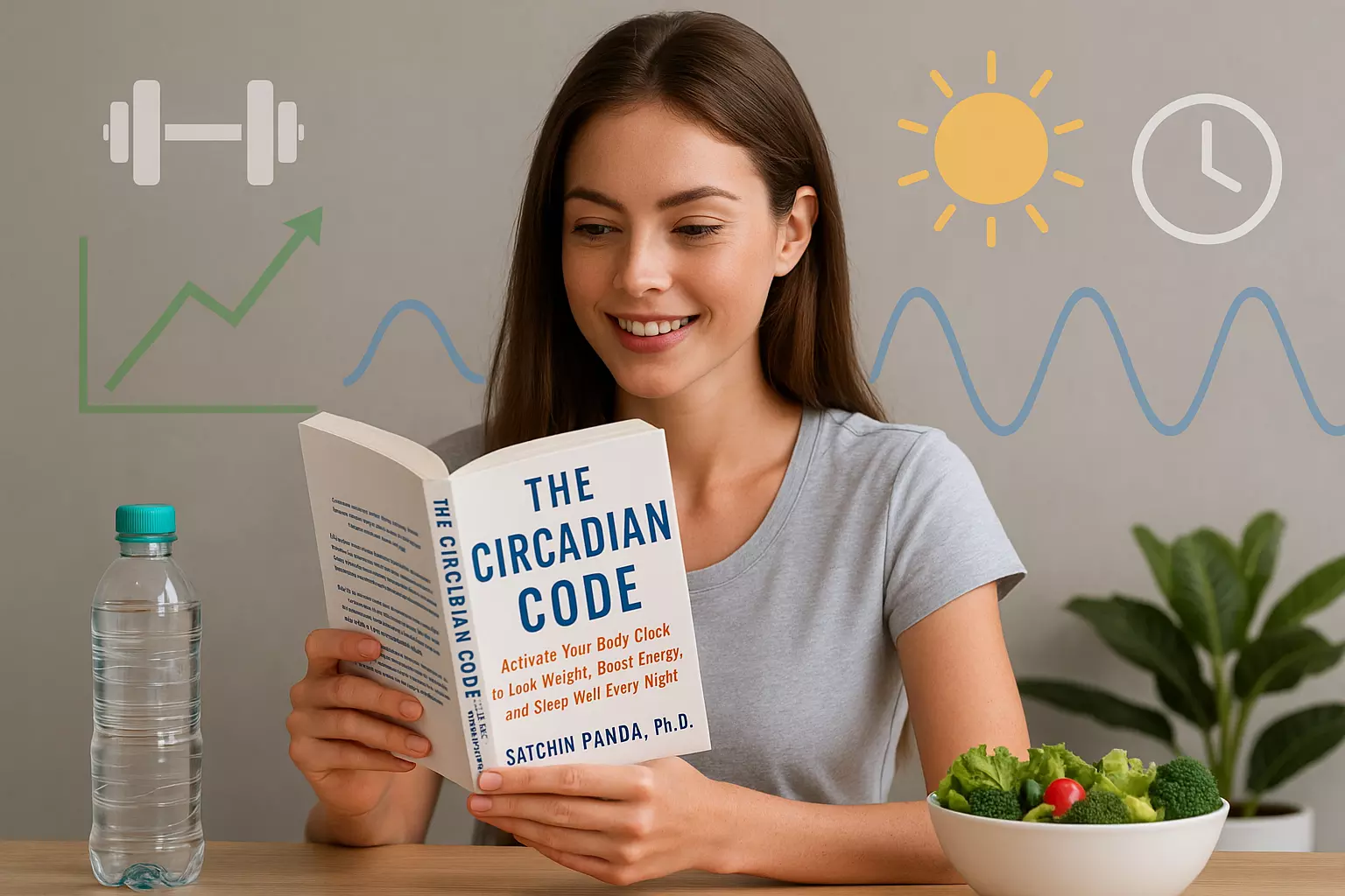 Girl reading biohacking book The Circadian Code, surrounded by healthy elements like water, salad, and wellness icons.