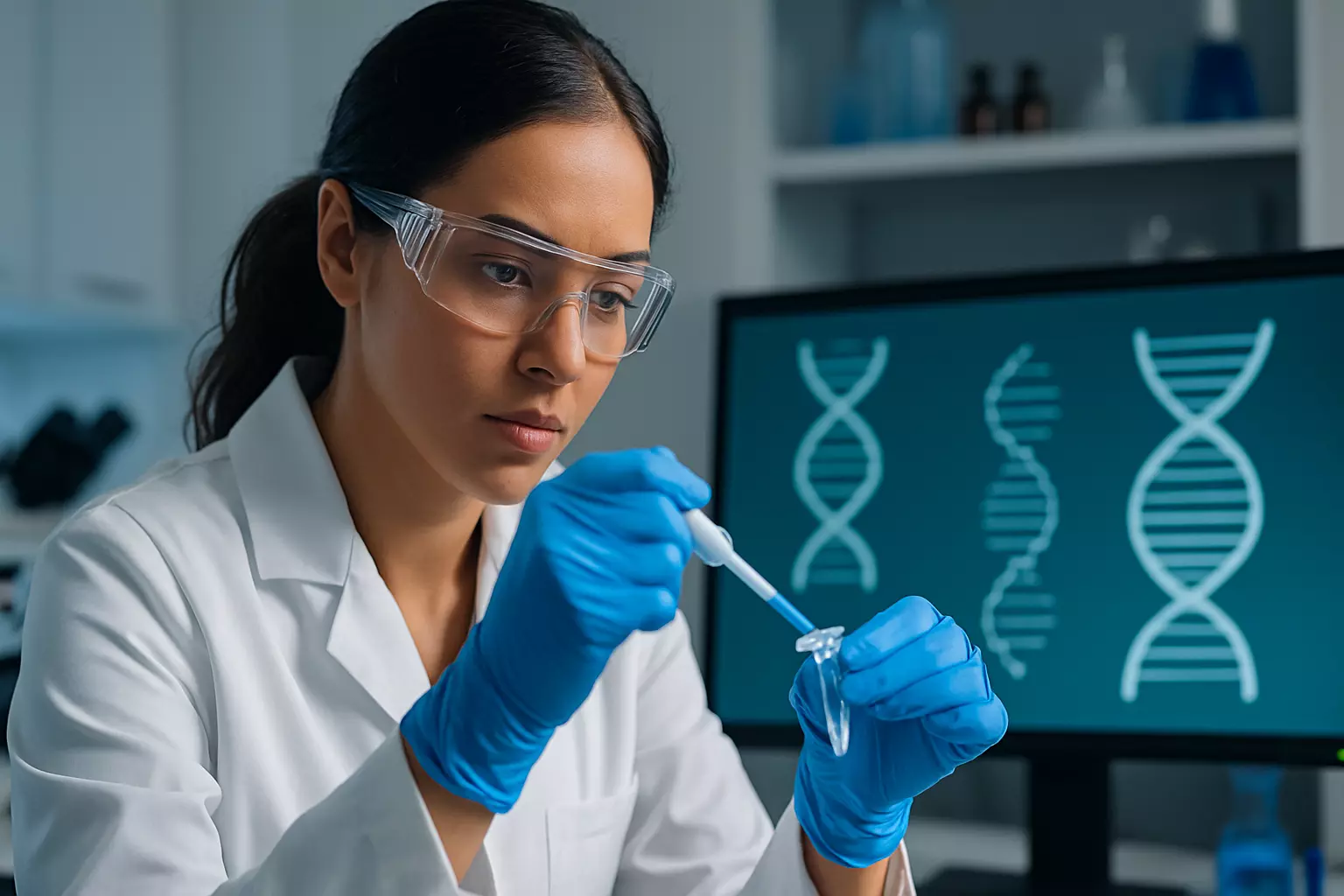 Female scientist using CRISPR technology in a modern lab with DNA graphics on screen, representing gene editing research.