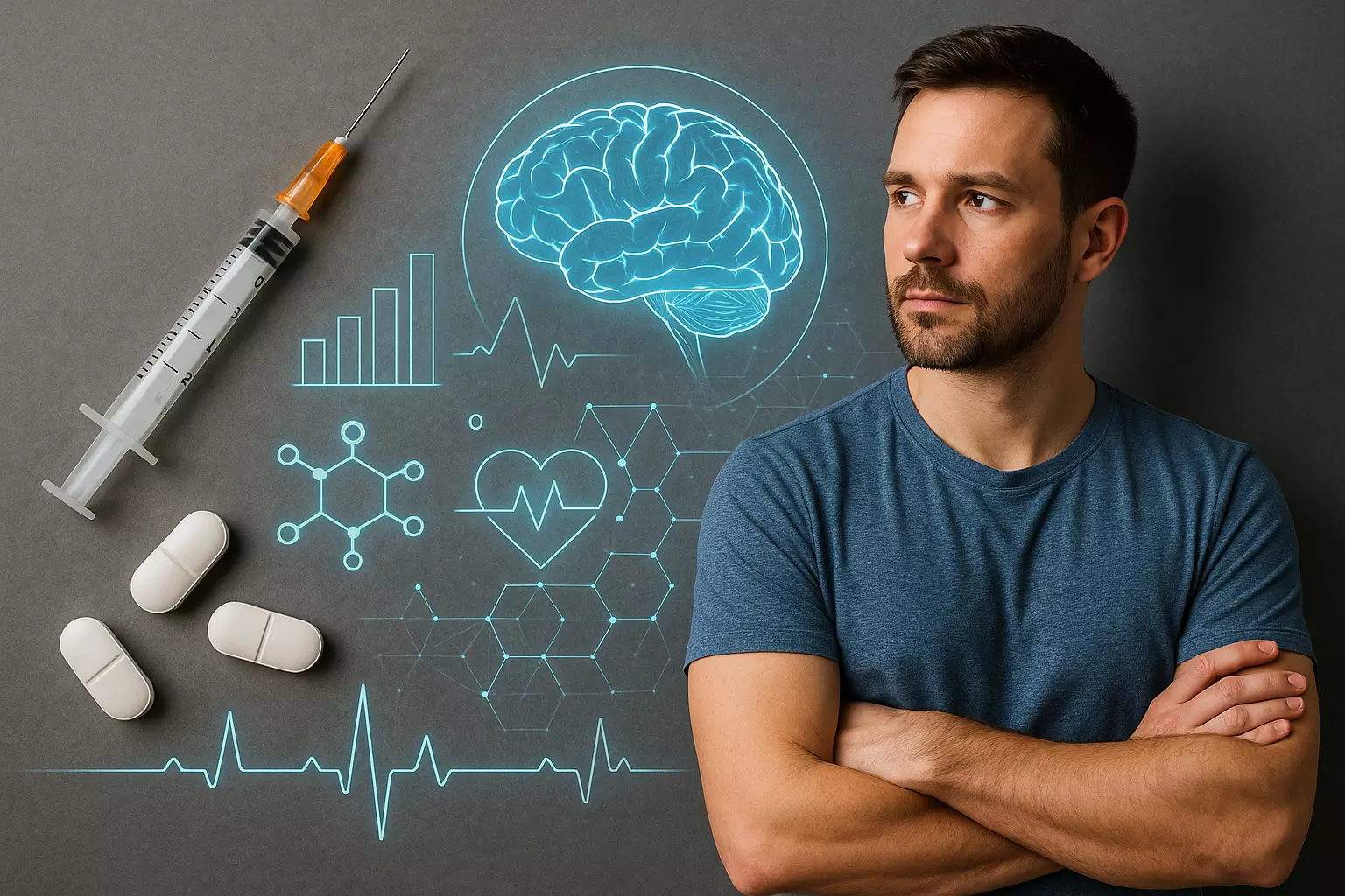 Man surrounded by pills, syringe, and brain graphics, symbolizing biohacking and addiction recovery