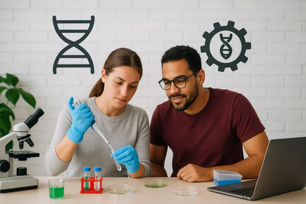 Man and woman in a DIY biohacking lab using CRISPR tools for genetic experiments at a shared workspace.