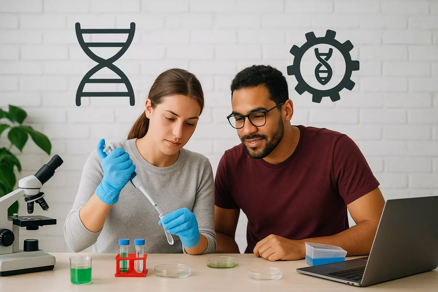 Man and woman in a DIY biohacking lab using CRISPR tools for genetic experiments at a shared workspace.