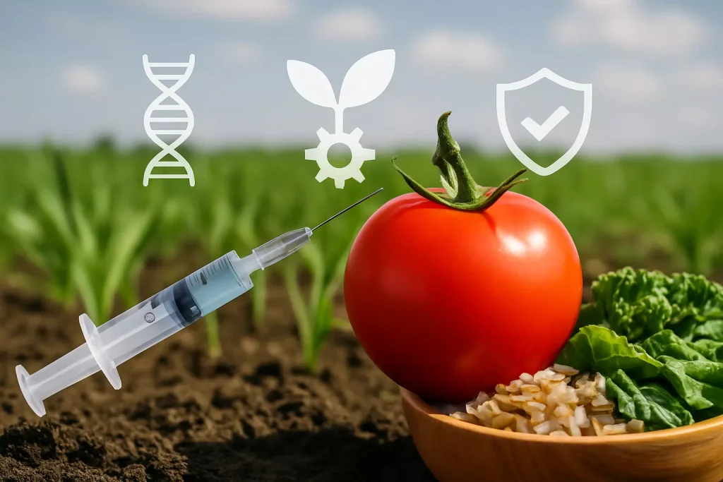 Crispr agriculture concept featuring syringe, tomato, rice, and lettuce with biotech icons in a field.