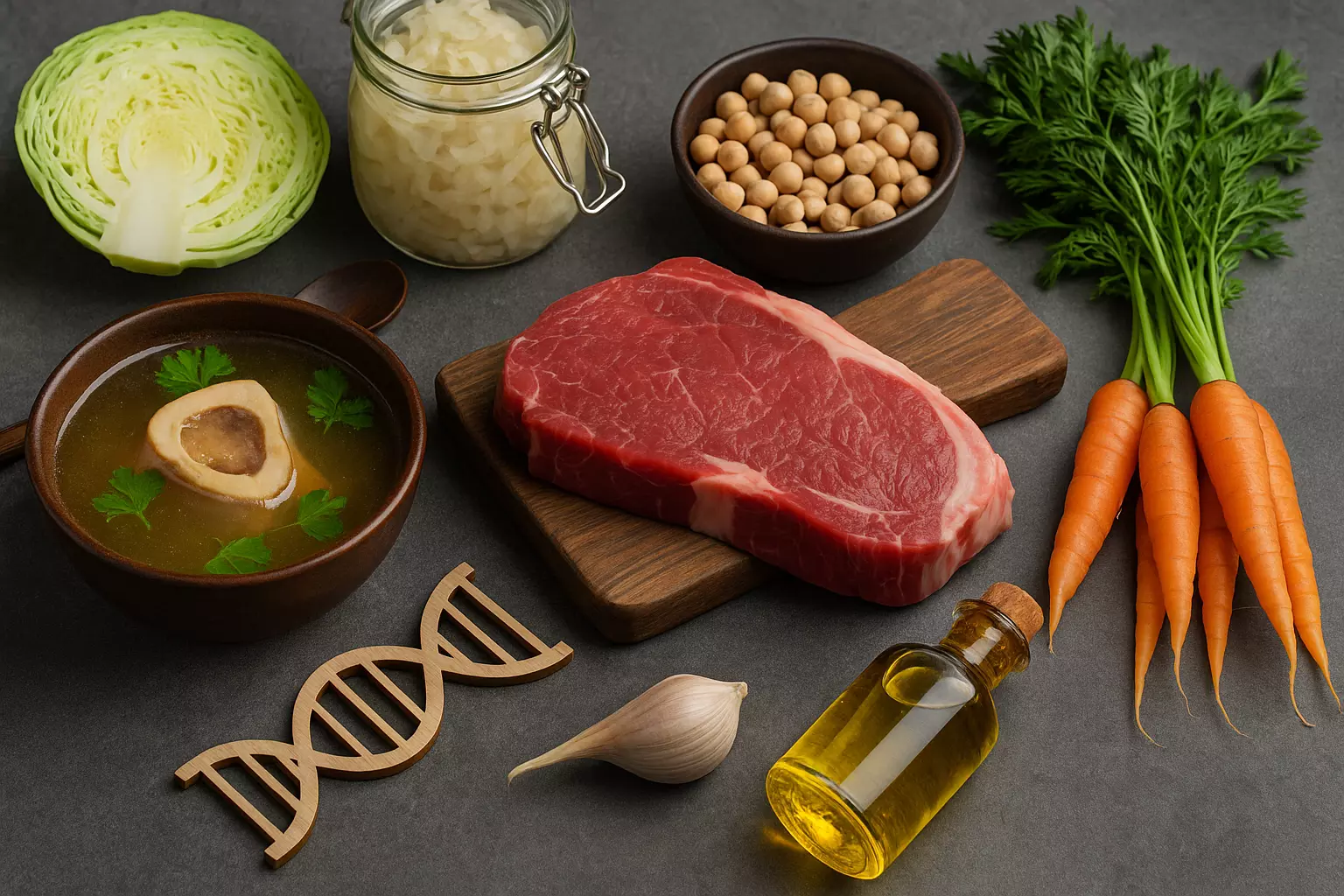 Nutrient-rich foods for biohacking and ancestral eating, including bone broth, organ meats, and fresh vegetables.